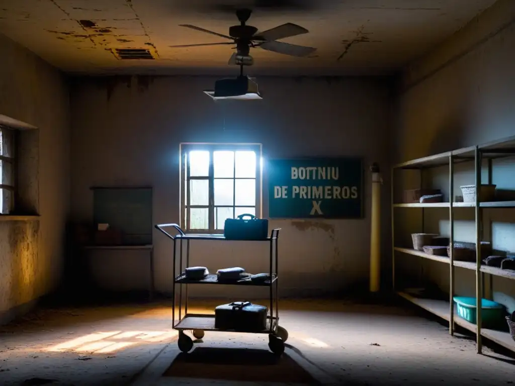 Escena misteriosa en hospital abandonado con carrito de primeros auxilios en expediciones misteriosas