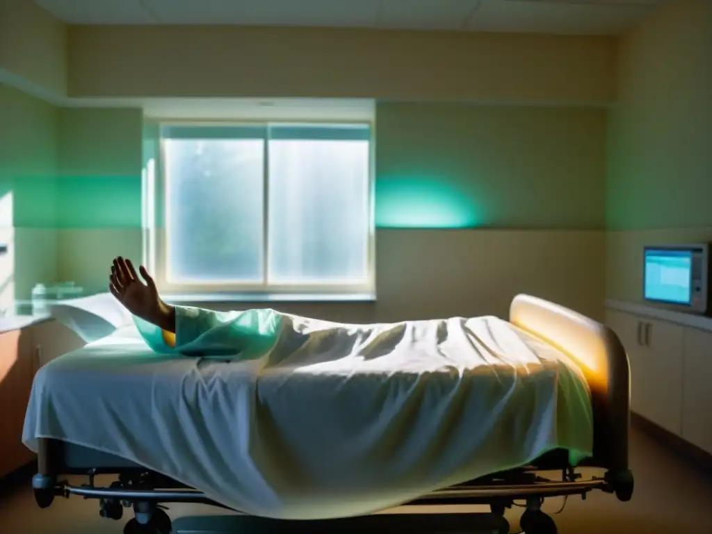 Escena misteriosa en hospital: mano alcanza figura etérea sobre cama