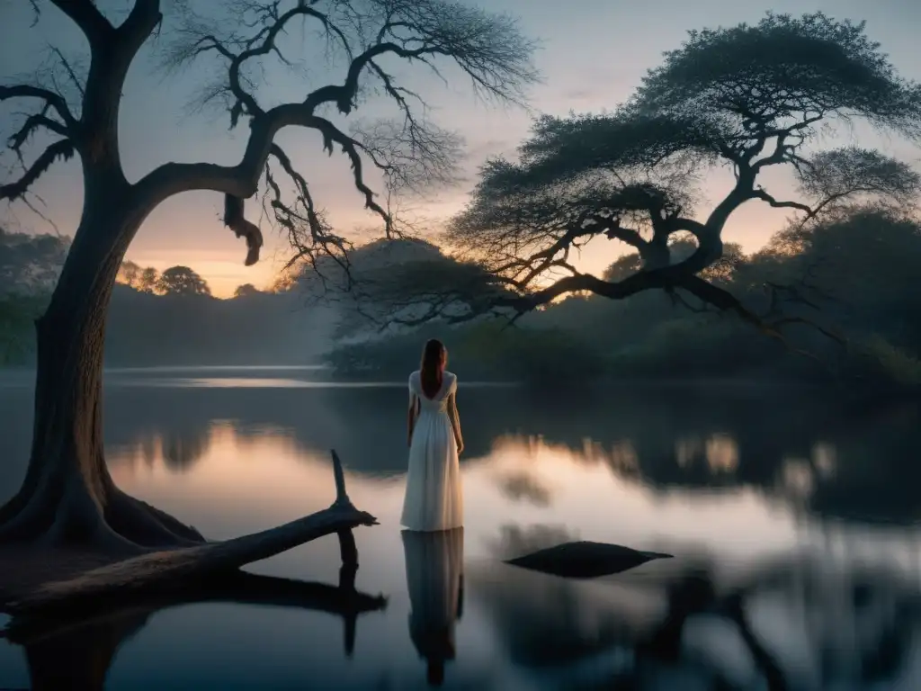 Figura misteriosa en lago brumoso al anochecer Escena misteriosa en lago con figura femenina en vestido blanco, rostro oculto, árboles antiguos