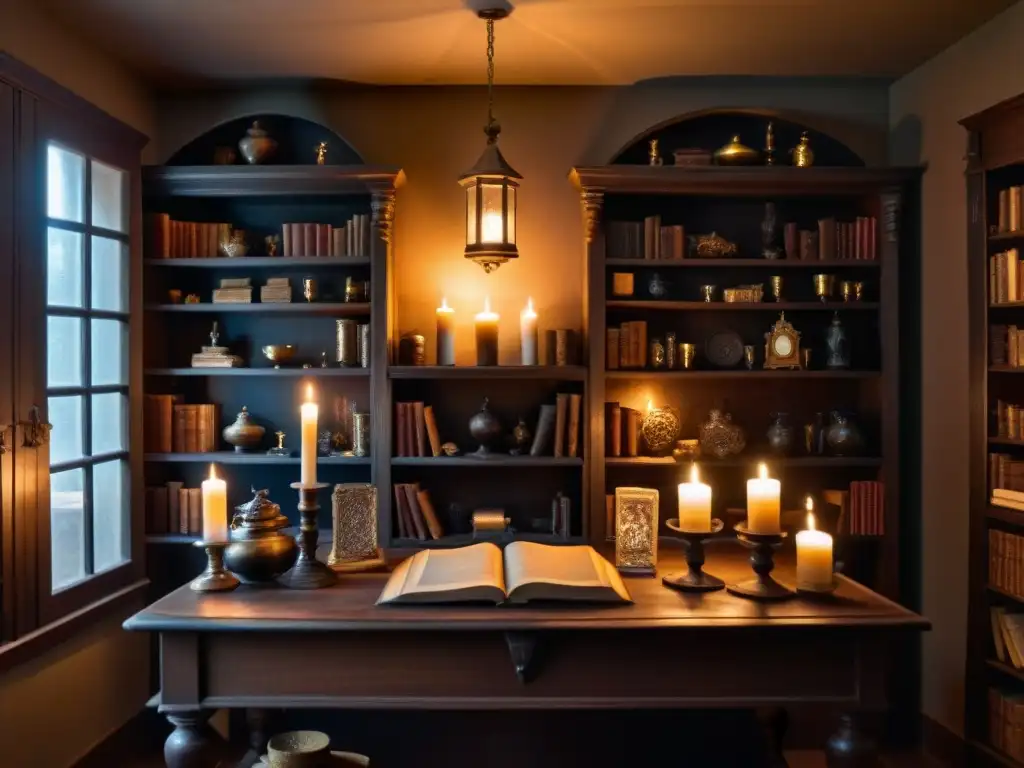 Misterioso salón de conocimiento paranormal Escena misteriosa con libros antiguos y objetos simbólicos en una habitación tenue, perfecta para la interpretación y uso de rituales paranormales