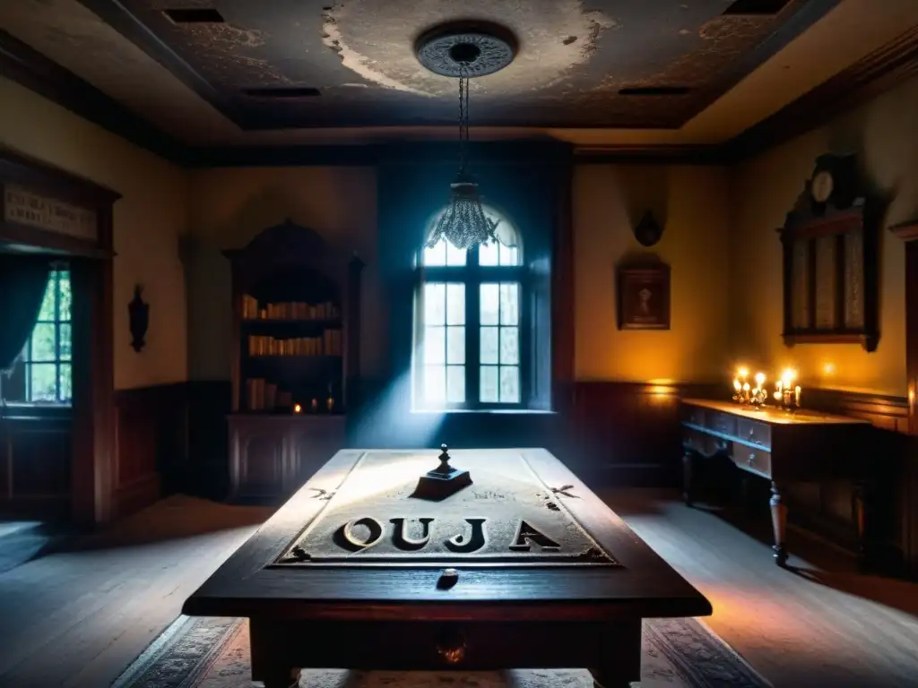 Misteriosa mansión abandonada con tablero Ouija vintage y velas titilantes Escena misteriosa en mansión abandonada: tablero Ouija rodeado de velas, muebles antiguos y telarañas