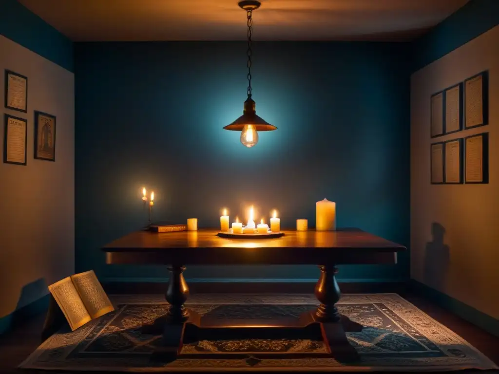 Misterioso salón con mesa levitante y figura fantasmal Escena misteriosa con muebles antiguos en penumbra, mesa levitando, velas titilantes y cartas de tarot dispersas