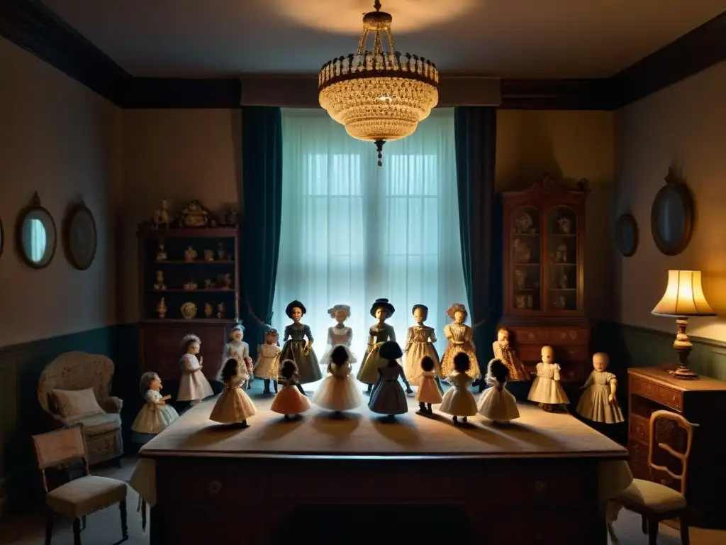 Escena misteriosa con muñecas antiguas en un cuarto oscuro