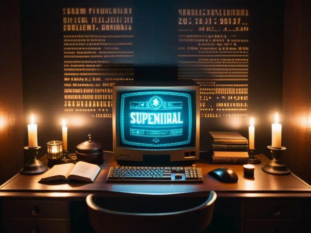 Misterioso escritorio vintage con símbolos paranormales y neblina Escena paranormal: vieja computadora con códigos hackeados en pantalla, rodeada de libros de fenómenos paranormales y luces tenues