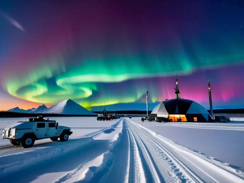 HAARP: Tecnología y misterio en paisaje nevado Un escenario misterioso y futurista: la instalación de HAARP en un paisaje nevado, con antenas emitiendo ondas al cielo iluminado por la Aurora Boreal