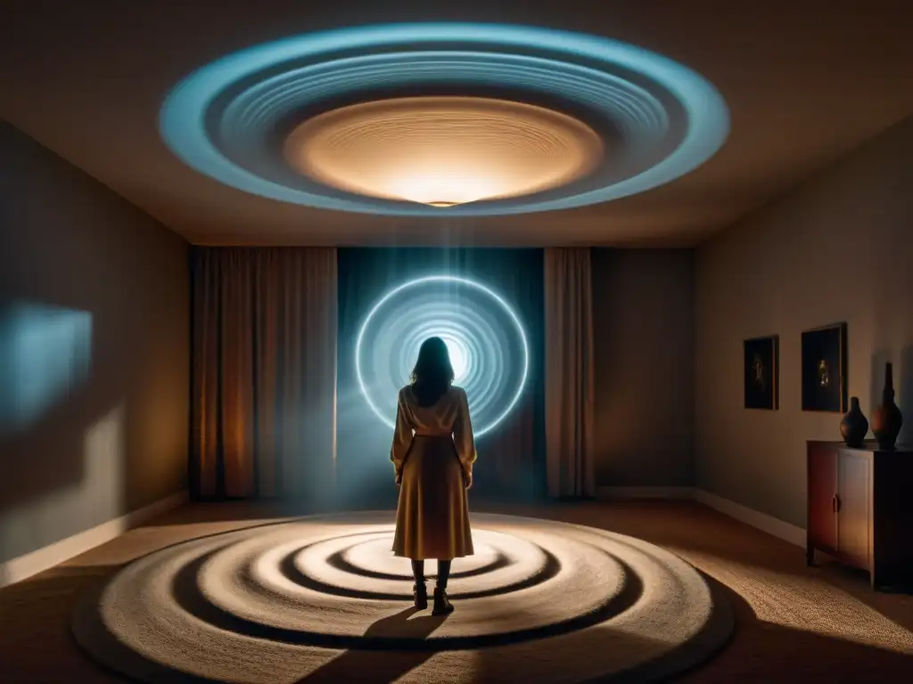 Un escenario sombrío con luces parpadeantes, un objeto levitando en un vórtice rodeado de entidades interdimensionales en fenómenos paranormales