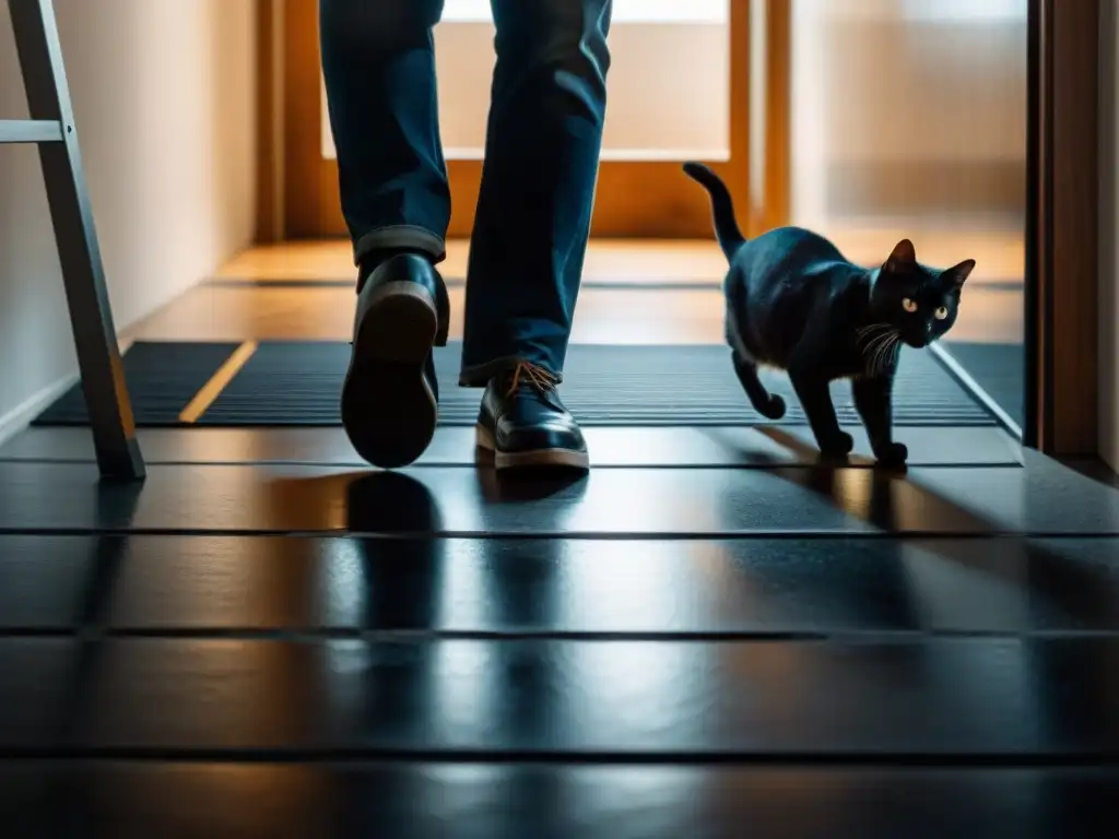 Un escenario supersticioso con persona bajo escalera, gato negro, espejo roto y acera agrietada