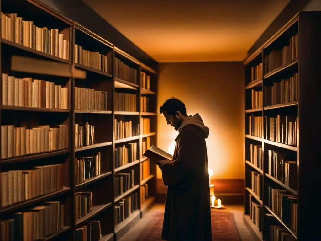 Librería ancestral: misterio entre páginas antiguas Un escritor de leyendas ancestrales sumergido en una biblioteca misteriosa y antigua, iluminada por una vela titilante