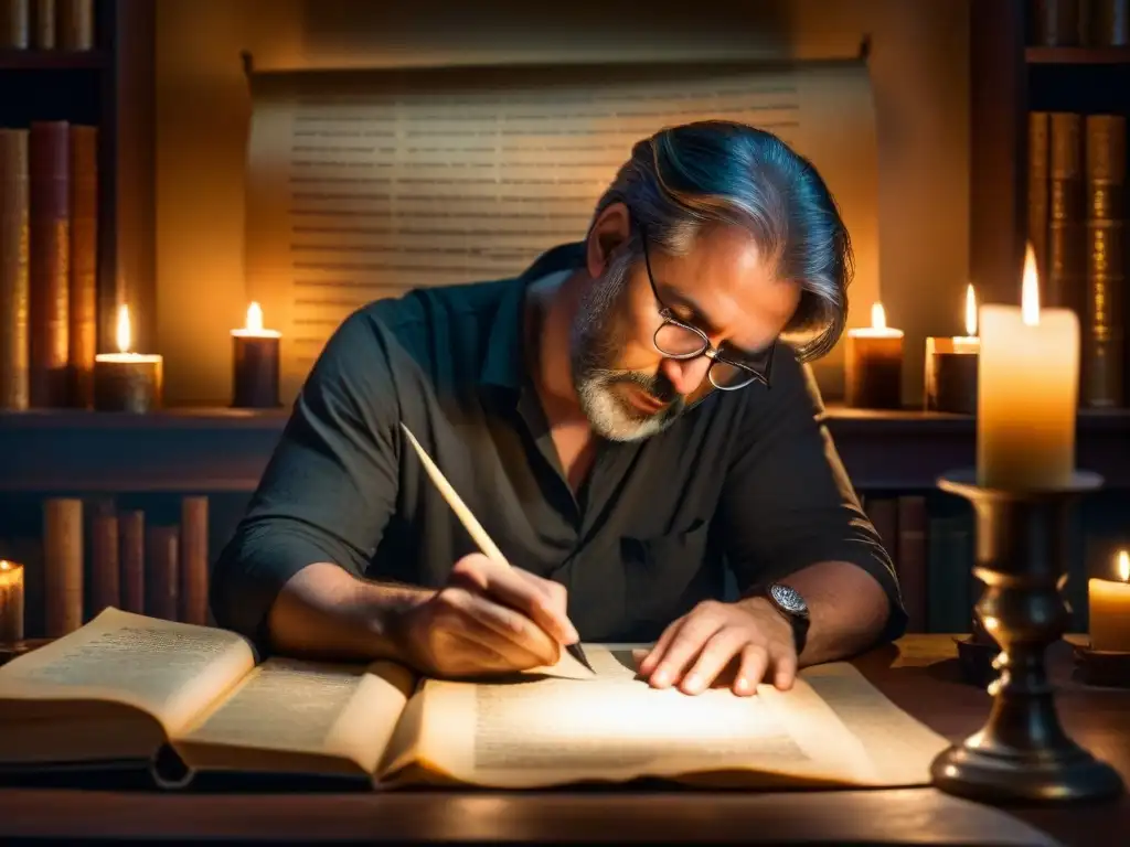 Escritor contemporáneo inmerso en la creación en un ambiente misterioso Un escritor de leyendas sumergido en misterios ancestrales, rodeado de libros antiguos y velas titilantes