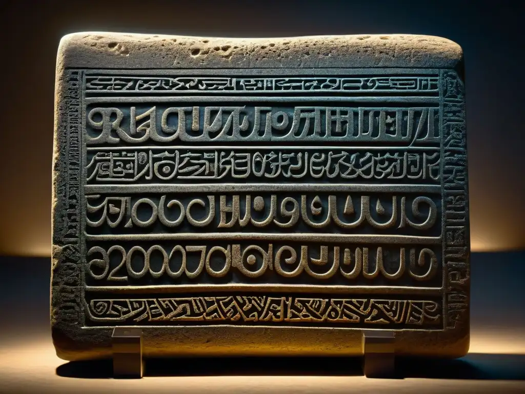Misteriosa tableta de piedra con escritura ProtoElamita detallada en 8k Descifrar escritura protoelamita en piedra iluminada, revelando la enigmática civilización antigua