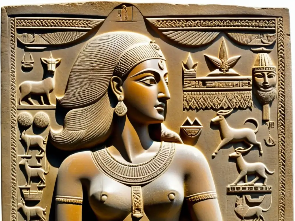 Relieve de la diosa sumeria Inanna: expresión feroz y misteriosa Escultura antigua de la diosa sumeria Inanna, enigmática y poderosa, con joyas y corona, en excavación arqueológica