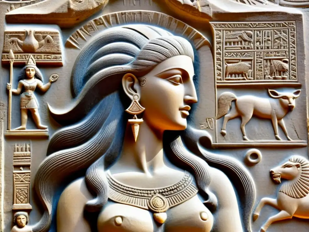 Inanna, diosa sumeria de amor y guerra: tallado en piedra cautivador Escultura de la Diosa sumeria Inanna misteriosa en antiguo relieve de piedra, fusionando belleza y autoridad