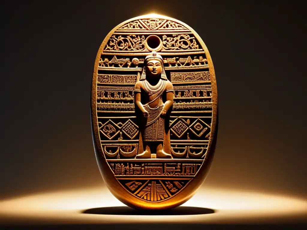 Misterioso artefacto de la civilización del Valle del Indo Escultura misteriosa de la civilización del valle del Indo con símbolos enigmáticos iluminados, resolviendo misterios cultura Indus resueltos