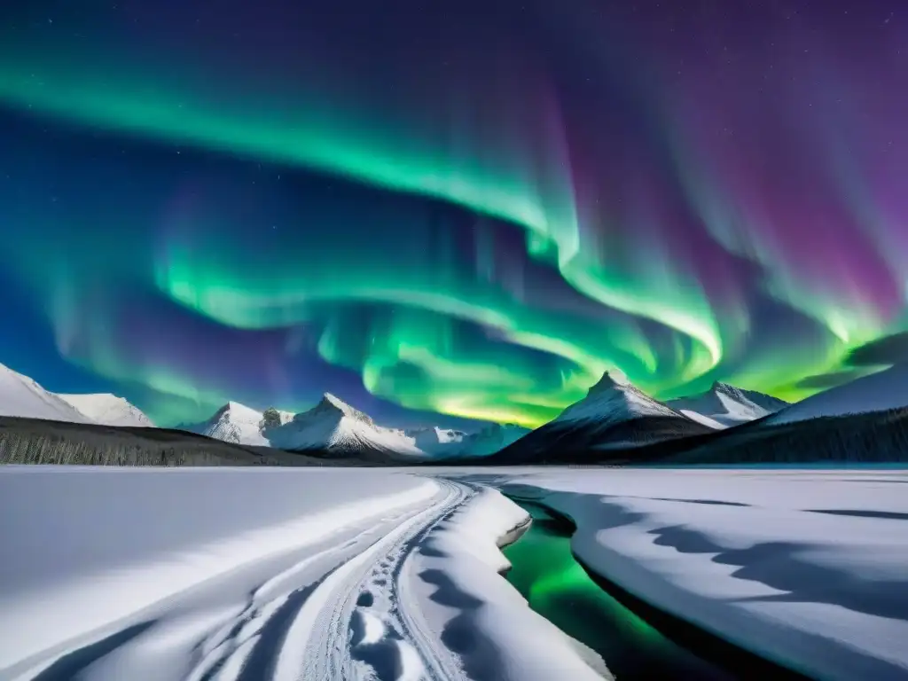 Auroras danzantes: belleza celestial en la noche estrellada Espectacular aurora boreal verde y morada sobre paisaje nevado, reflejando misterio y belleza
