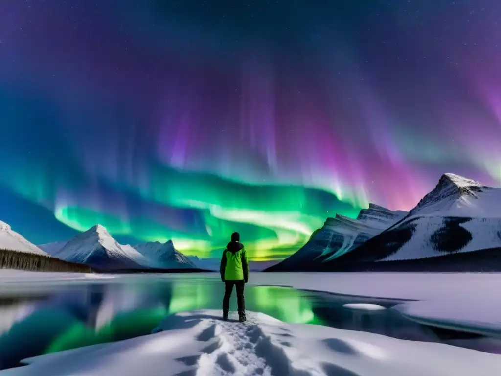 Aurora boreal en 8k: danza de luces verdes y moradas sobre paisaje nevado Un espectáculo de auroras boreales verdes y moradas sobre un paisaje nevado, reflejadas en un lago congelado