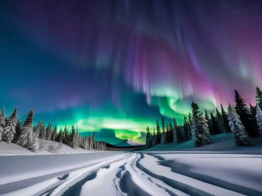 Auroras boreales: danza mágica en el cielo nocturno Un espectáculo de Misterios Auroras Boreales en un paisaje nevado, iluminando el cielo estrellado con tonos verdes y morados