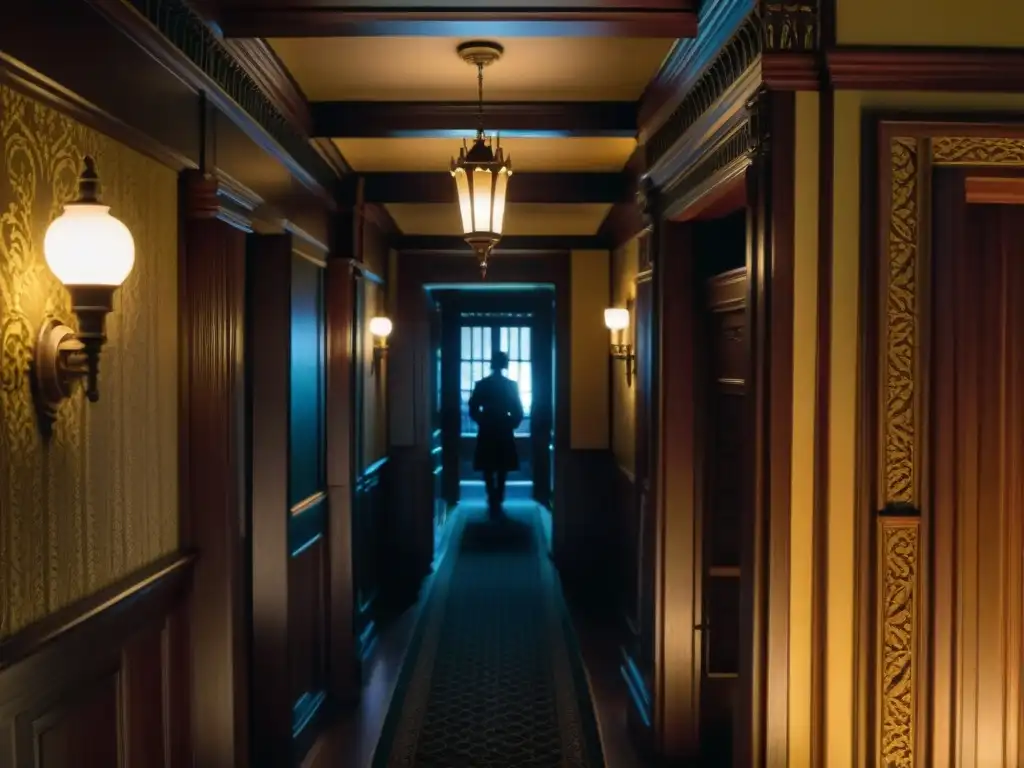 Interior misterioso de la Winchester Mystery House en 8k Explora la mansión Winchester: arquitectura espectral en un pasillo misterioso