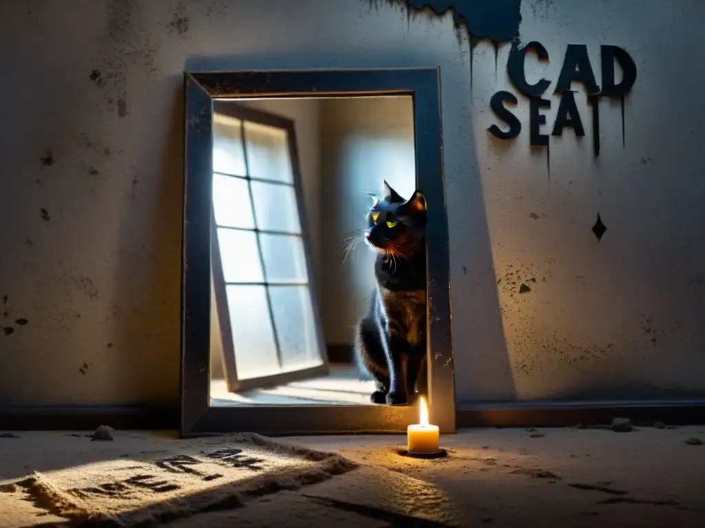 Un espejo viejo y gastado refleja un gato negro bajo una escalera en una escena misteriosa