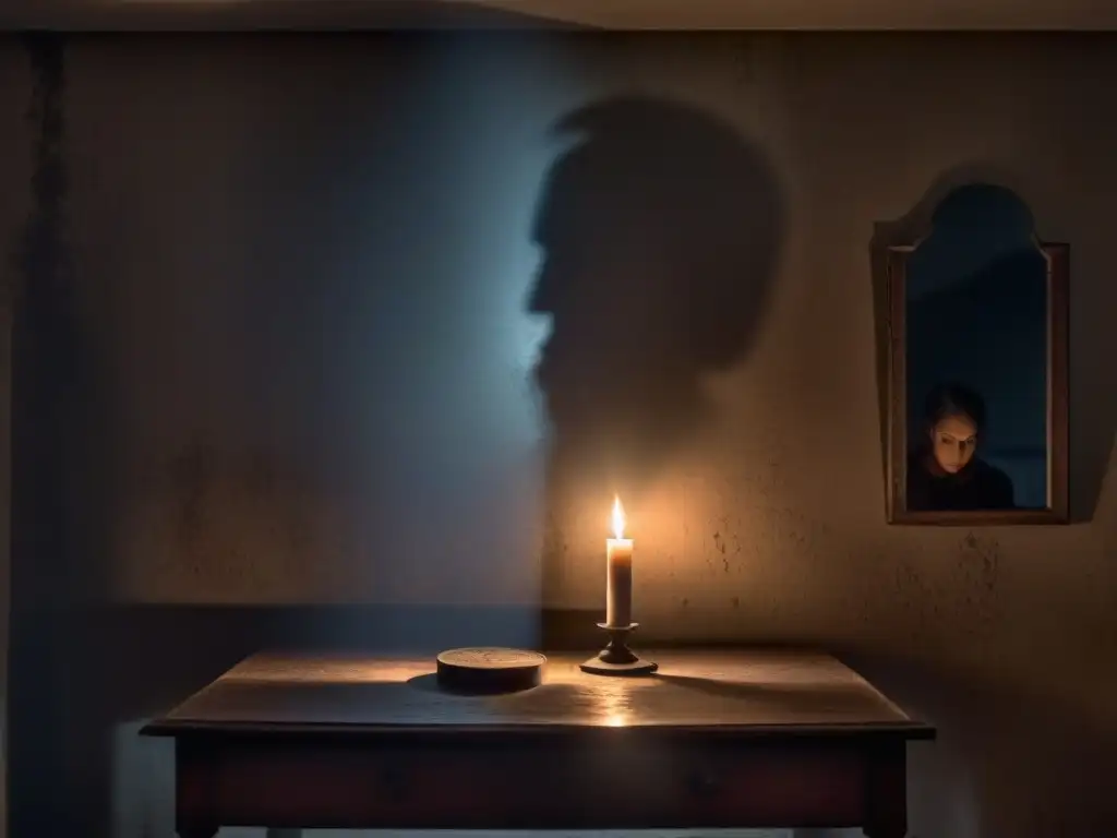 Reflejo temeroso en espejo antiguo en habitación misteriosa Un espejo viejo refleja una imagen rota de una persona con ojos de miedo en una habitación tenebrosa, con sombras y una vela titilante
