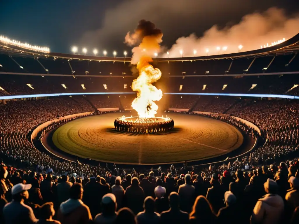 Ritual místico en estadio: danza ancestral y máscaras intrigantes Un estadio en penumbra lleno de espectadores con máscaras de símbolos antiguos