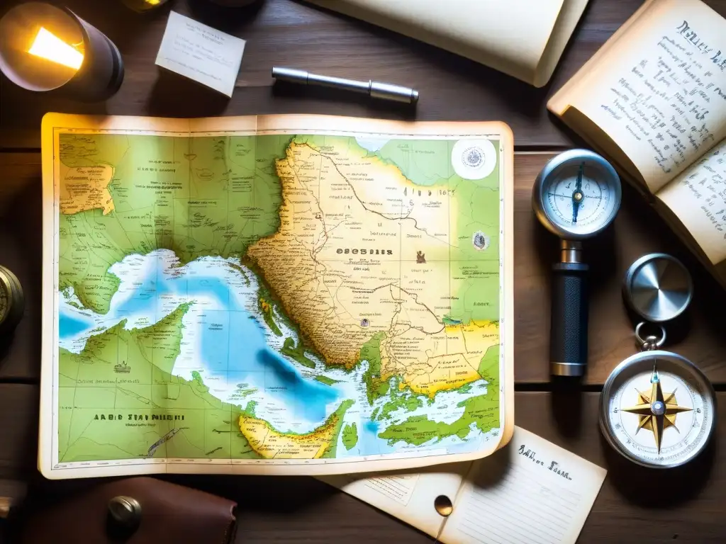 Mapa antiguo en mesa rústica: secretos de supervivencia Explorando estrategias alimentación en escenarios remotos con un mapa antiguo, brújula y notas en una mesa de madera