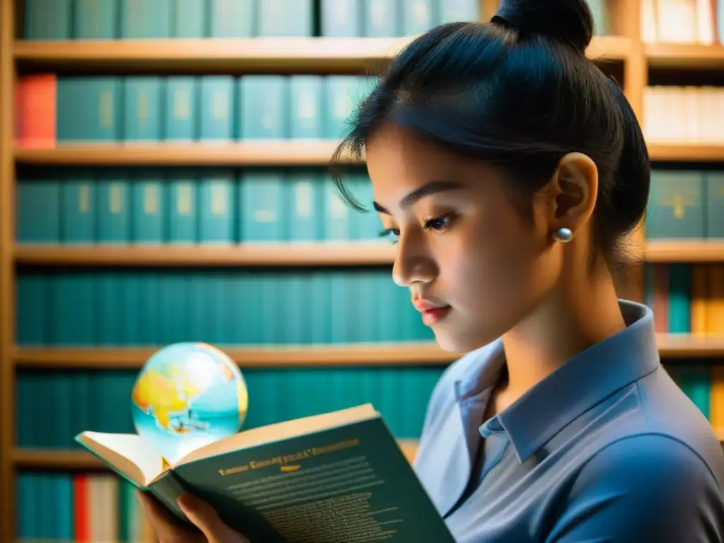 Exploración lingüística: Ojos de determinación y curiosidad Un estudiante enfocado estudia un libro de idiomas complejo en una habitación misteriosa