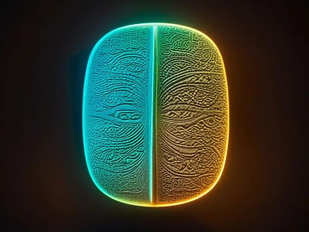 Descubriendo secretos antiguos: escaneo hiperespectral de artefacto Estudio artefactos con cámaras hiperespectrales revelando detalles ocultos en una misteriosa luz