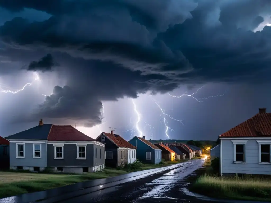 Tormenta ominosa: calle desierta bajo nubes amenazantes y relámpagos Evidencias fotográficas del fenómeno FANI: nube tormentosa ominosa y calle desierta
