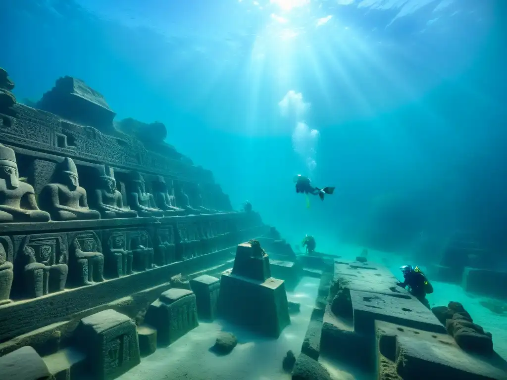 Excavación submarina: descubriendo ruinas antiguas en Heracleion Excavación detallada de arqueólogos submarinos revelando la Atlántida Egipto Ciudad Perdida Heracleion