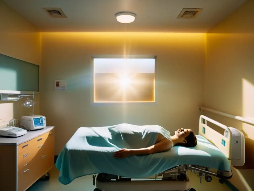 Experiencia trascendental: serenidad en la frontera de la vida y la muerte Experiencia cercana a la muerte: figura etérea flotando sobre su cuerpo en hospital, luz dorada, misterios vida muerte experiencias cercanas muerte
