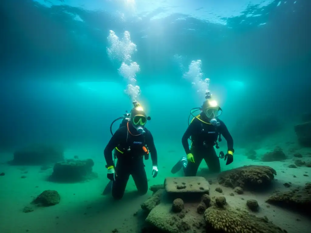 Exploración de antigua autopista sumergida: misterios revelados en 8k Exploración de antiguas carreteras sumergidas misteriosas por arqueólogos submarinos