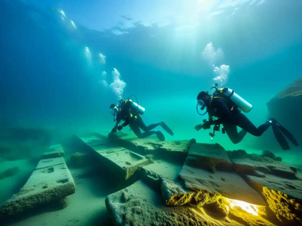Exploración submarina de antigua carretera sumergida Exploración de antiguas carreteras sumergidas misteriosas por arqueólogos submarinos, rodeados de vida marina en aguas turbias