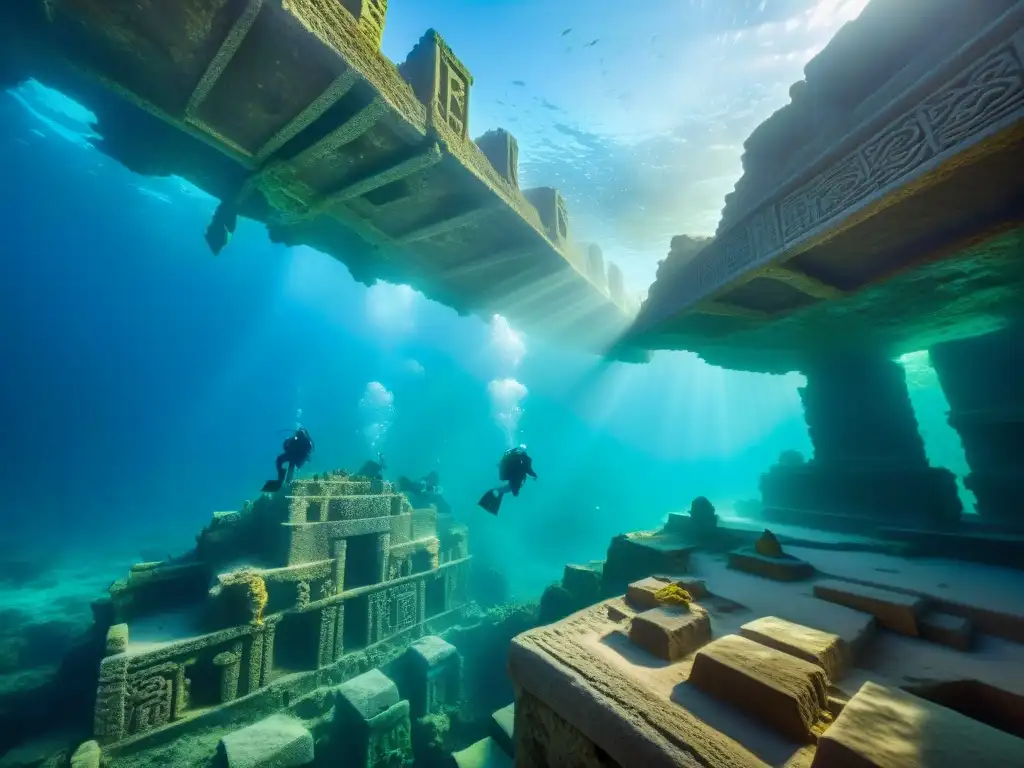 Exploración submarina de ruinas antiguas en Dwarka Exploración de la ciudad sumergida Dwarka Krishna: ruinas antiguas, peces coloridos y rayos de sol iluminando la misteriosa ciudad subacuática