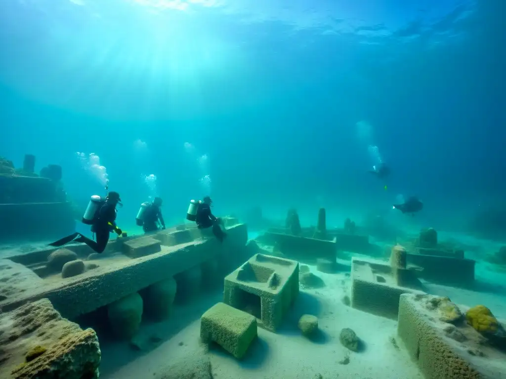 Excavación arqueológica en ciudad sumergida de Heracleion Exploración detallada de arqueólogos subacuáticos en la ciudad perdida de Heracleion, revelando misterios de la Atlántida Egipto