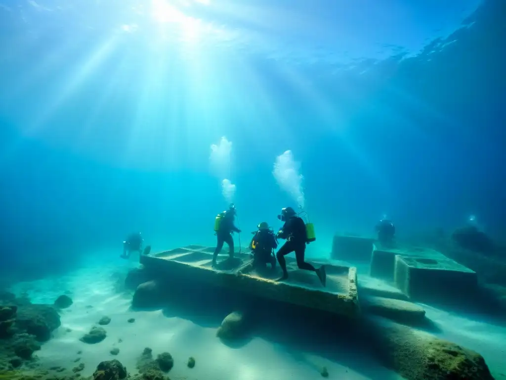 Exploración arqueológica submarina: Misterios ancestrales revelados Exploración detallada de arqueólogos submarinos en antiguas carreteras sumergidas misteriosas
