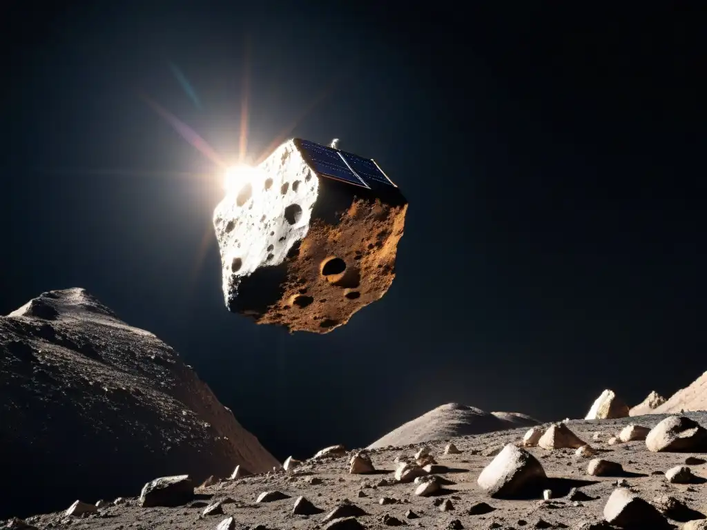 Exploración espacial: Hayabusa en asteroides Exploración espacial: Detalles del Hayabusa en un asteroide, paneles solares brillando en el espacio