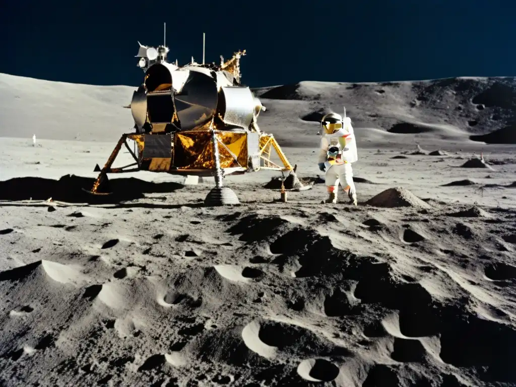 Huella lunar junto a módulo Apolo 11: exploración y descubrimiento Exploración espacial: módulo lunar Apolo 11 en la Luna, huella de astronauta y la Tierra al fondo