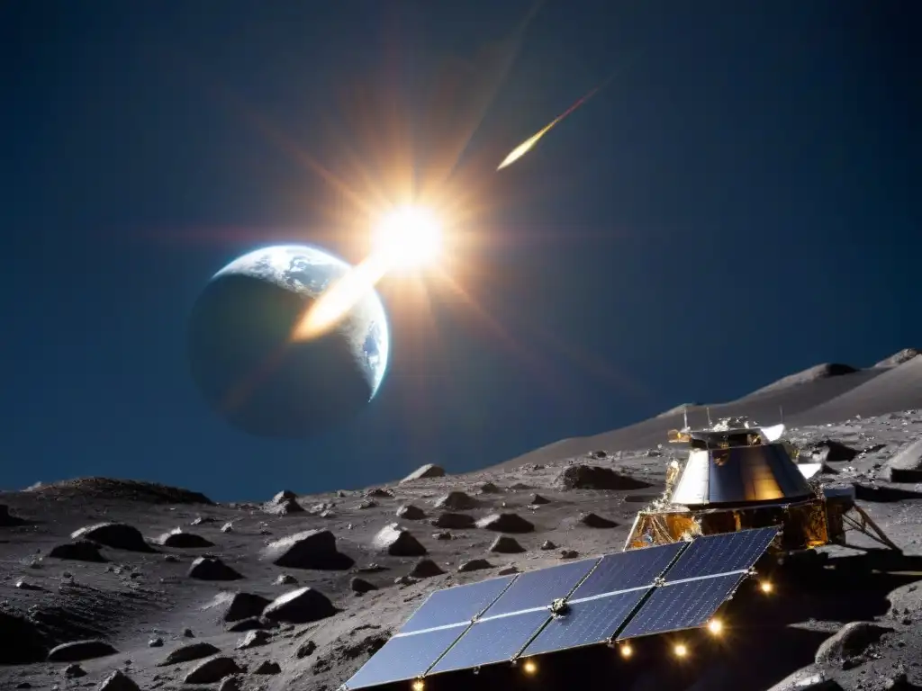 Exploración silenciosa: Hayabusa sobre asteroide Itokawa Exploración silenciosa de secretos en el asteroide Itokawa: detallada imagen de la nave Hayabusa en contraste con el misterioso espacio