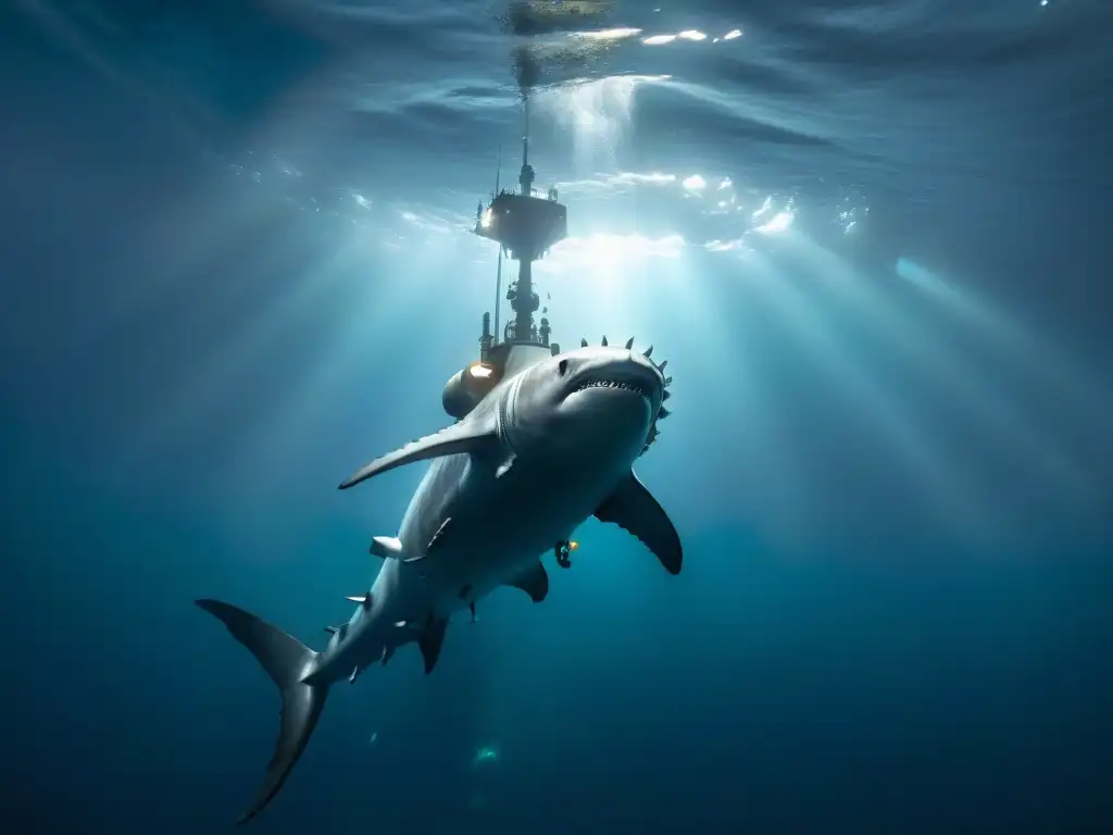 Megalodon en las profundidades: exploración submarina 8k Exploración subacuática con Megalodón misterioso en abismos iluminados
