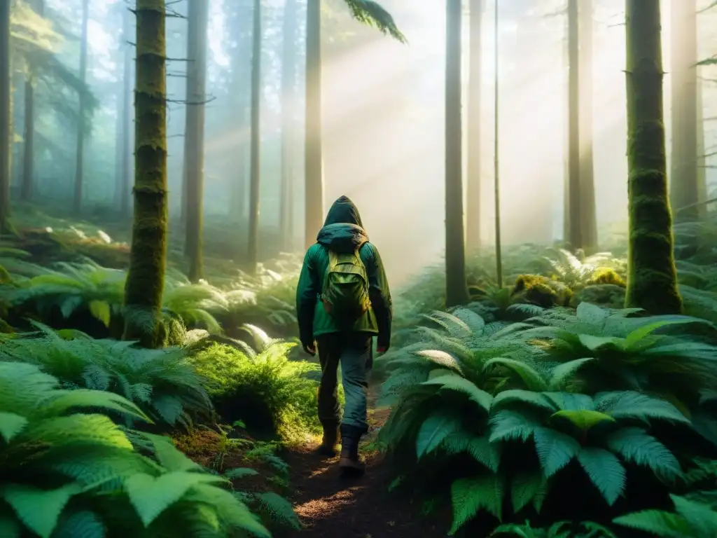 Explorador de plantas en bosque misterioso Explorador en busca de plantas comestibles en un bosque misterioso