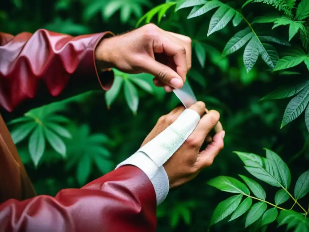 Un explorador herido recibe primeros auxilios en expediciones misteriosas en la densa jungla