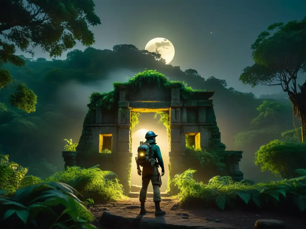 Explorador solitario en ruinas misteriosas de la jungla Explorador nocturno frente a ruinas cubiertas de enredaderas en la jungla, misterio y aventura