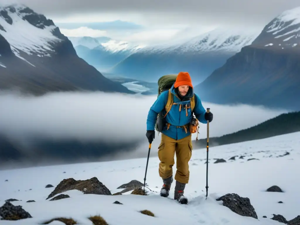 Explorador solitario: en busca de la supervivencia en la nieve Explorador solitario forrajeando en paisaje nevado, mostrando determinación