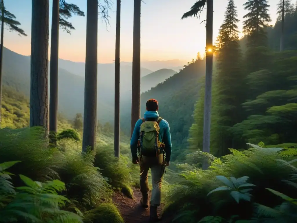 Explorador solitario en bosque misterioso al anochecer Explorador solitario avanzando en un misterioso bosque al atardecer, evocando Estrategias alimentación escenarios remotos