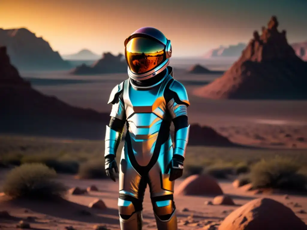 Explorador solitario en un paisaje alienígena bajo la luz de un sol distante, conexión extraterrestre ciencia ficción