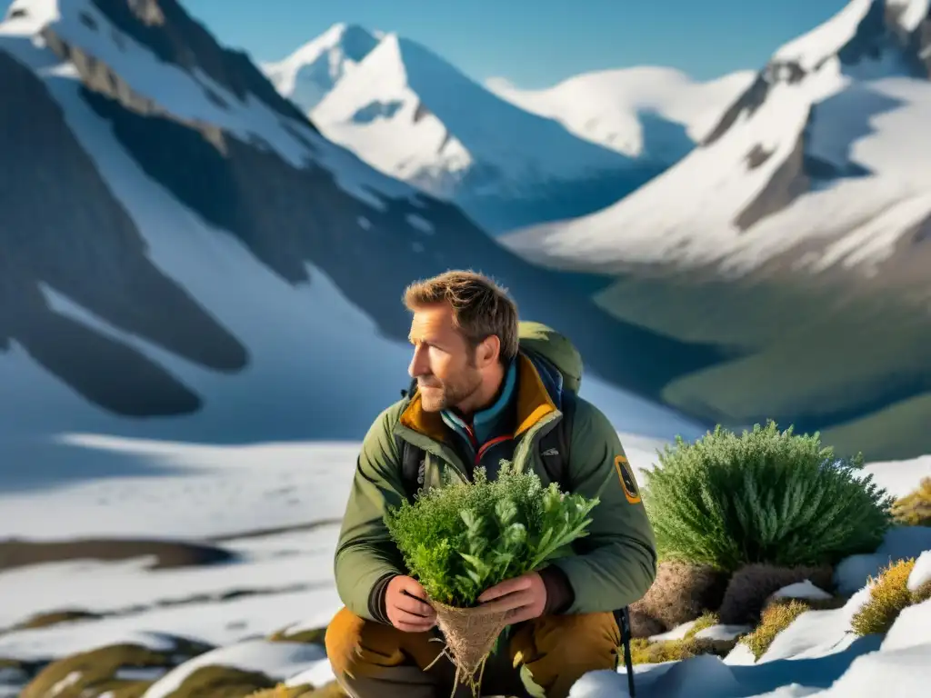 Explorador solitario recolectando plantas en paisaje nevado Un explorador solitario recogiendo plantas comestibles en un paisaje nevado, mostrando estrategias alimentación escenarios remotos