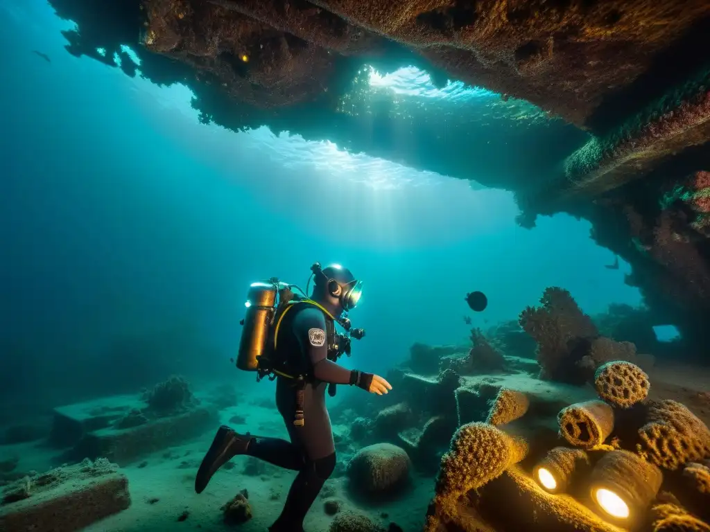 Explorador submarino en naufragio con símbolos misteriosos Explorador submarino iluminando misterios submarinos y criptografía