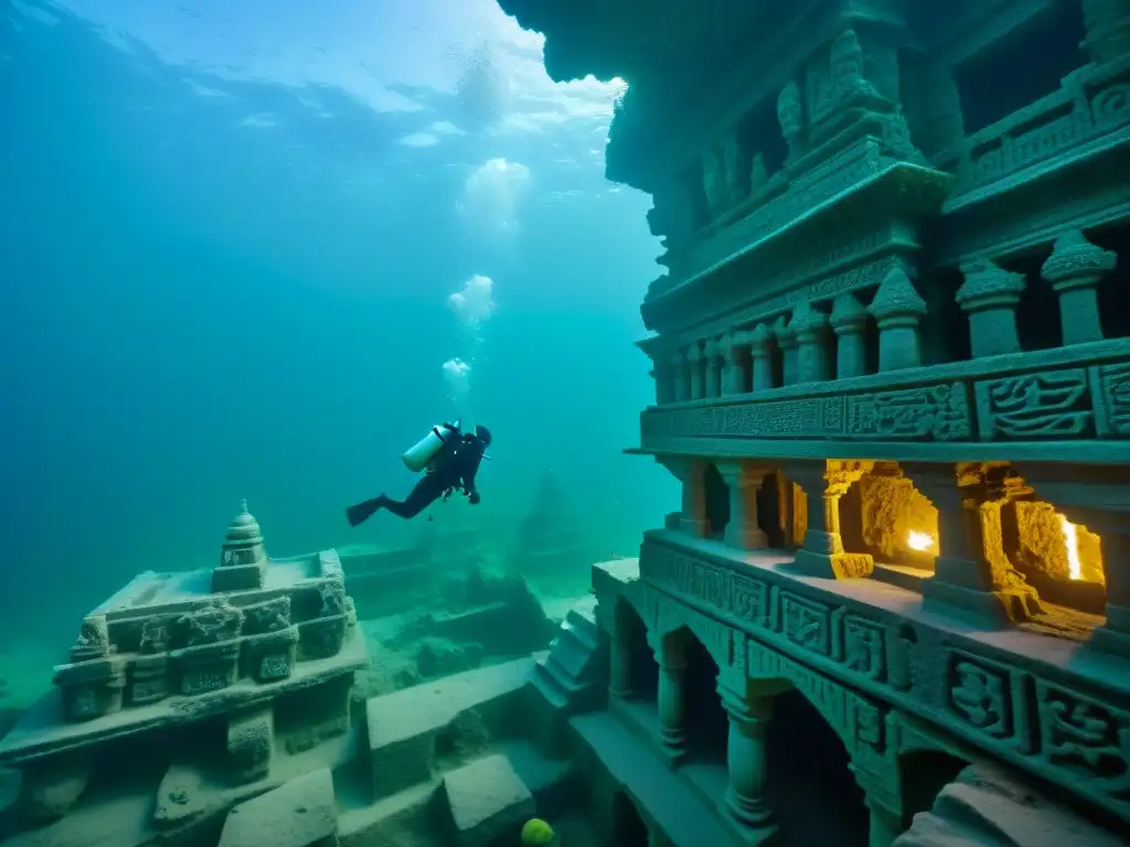 Exploración submarina en ruinas de Dwarka: misterios y maravillas Explorador submarino ilumina ruinas de ciudad sumergida Dwarka Krishna, misteriosa y cautivadora