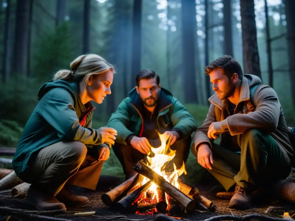 Exploradores en fogata: supervivencia en lo salvaje Exploradores en un bosque denso, cocinando alrededor de fogata