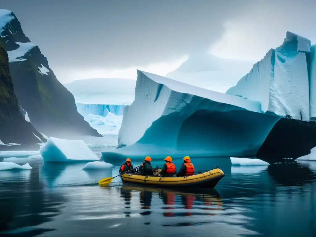 Exploradores en barco en aguas heladas de Point Nemo Exploradores en bote con mapa antiguo en aguas heladas del Punto Nemo